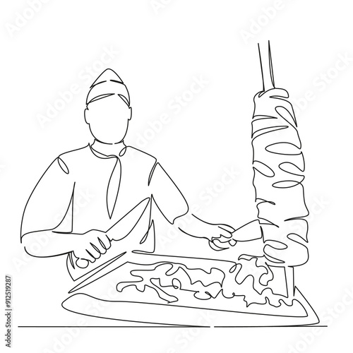 One continuous single drawing line art flat doodle restaurant, kebab, shawarma, meat, man, cooking, chef, grill, food. Isolated image hand draw contour on a white background
 photo