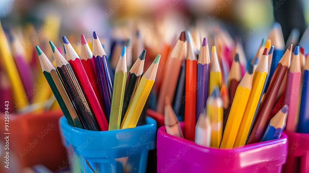 Vibrant collection of colored pencils in bright holders, perfect for art, creativity, and school supplies. Vibrant collection of colored pencils in bright holders, perfect for art, creativity, and school supplies.