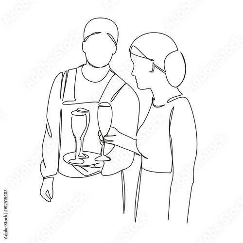 One continuous single drawing line art flat doodle glass, wine, champagne, waiter, alcohol, service, drink, restaurant, serve. Isolated image hand draw contour on a white background