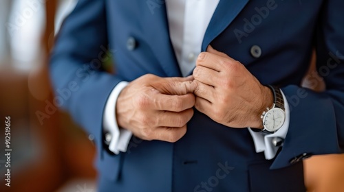 A groom prepares for his wedding by adjusting his suit jacket in an elegant setting