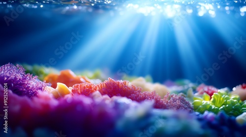 A stunning underwater scene featuring a vibrant coral reef photo