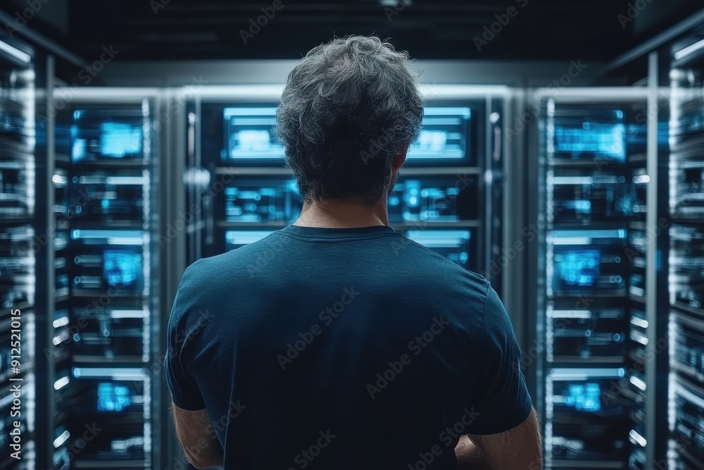 A person stands in front of an array of illuminated server racks in a modern data center, overseeing and managing high-tech computer server systems. A person stands in front of an array of illuminated server racks in a modern data center, overseeing and managing high-tech computer server systems.