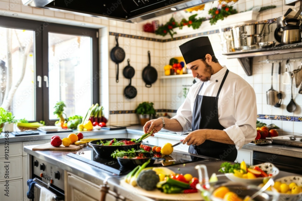 Culinary Mastery in a Bright Kitchen as a Chef Prepares Fresh Ingredients for a Delectable Dish Culinary Mastery in a Bright Kitchen as a Chef Prepares Fresh Ingredients for a Delectable Dish