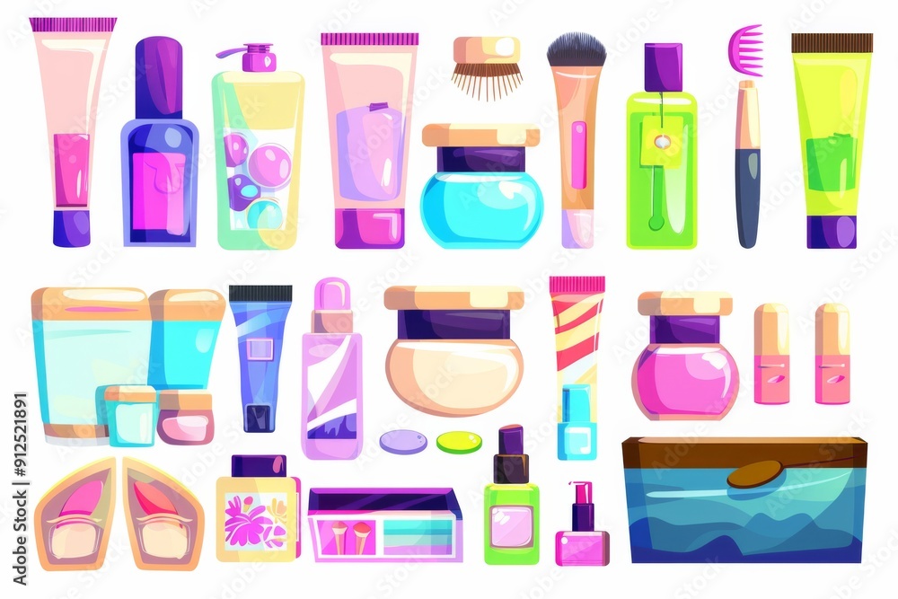 Brightly Colored Cosmetic Collection on a Vanity Table Surrounded by Beauty Essentials at Sunset Brightly Colored Cosmetic Collection on a Vanity Table Surrounded by Beauty Essentials at Sunset