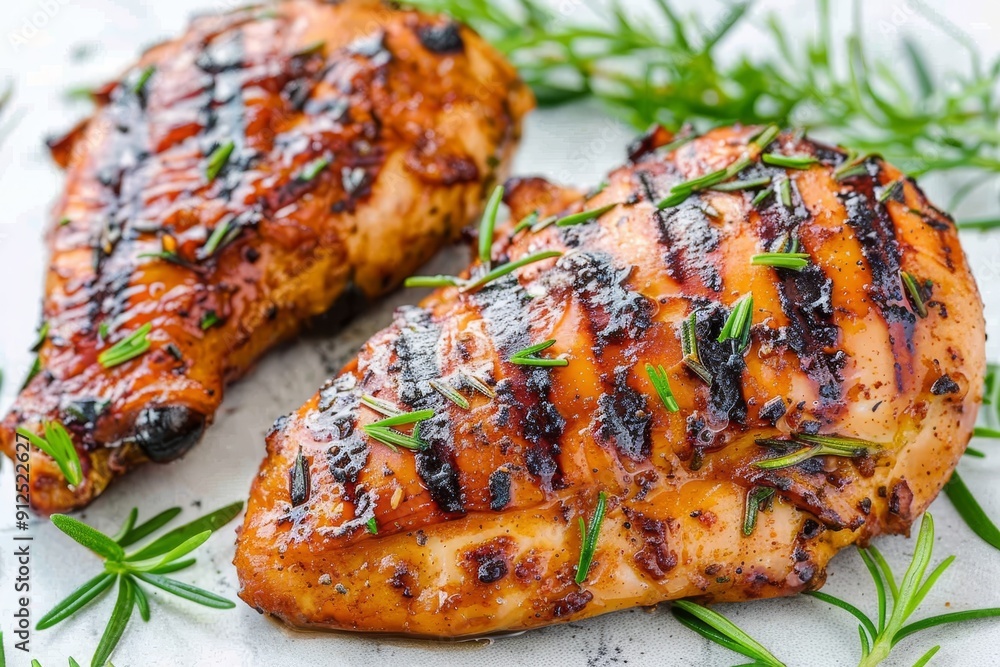Two Grilled Chicken Breasts with Rosemary Sprigs, A Delicious and Healthy Meal Option. Two Grilled Chicken Breasts with Rosemary Sprigs, A Delicious and Healthy Meal Option.