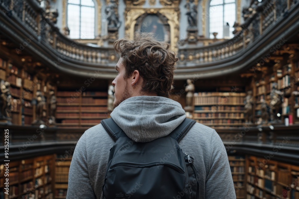 A visitor with a dark backpack is seen from behind, exploring the grand interior of a historic library filled with numerous books, intricate architectural details, and statues. A visitor with a dark backpack is seen from behind, exploring the grand interior of a historic library filled with numerous books, intricate architectural details, and statues.