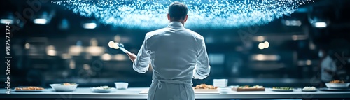 An elegant dining setup with a rear view of a chef immersed in augmented reality photo