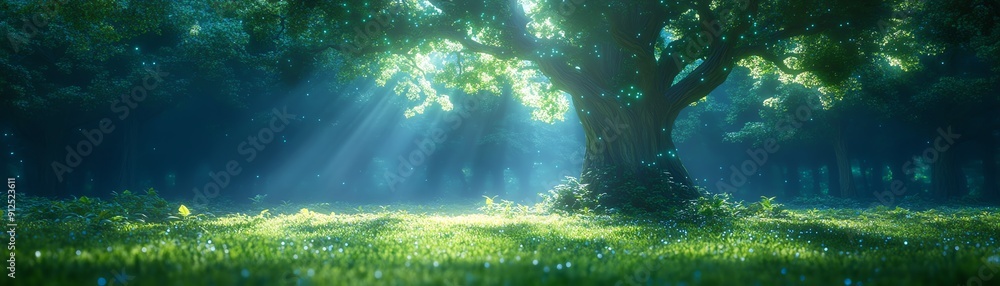 Fototapeta premium An enchanting low-angle perspective of a sprawling enchanted forest with giant bioluminescent trees