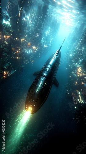 An eye-level view of a futuristic submarine gliding through a vibrant underwater city photo