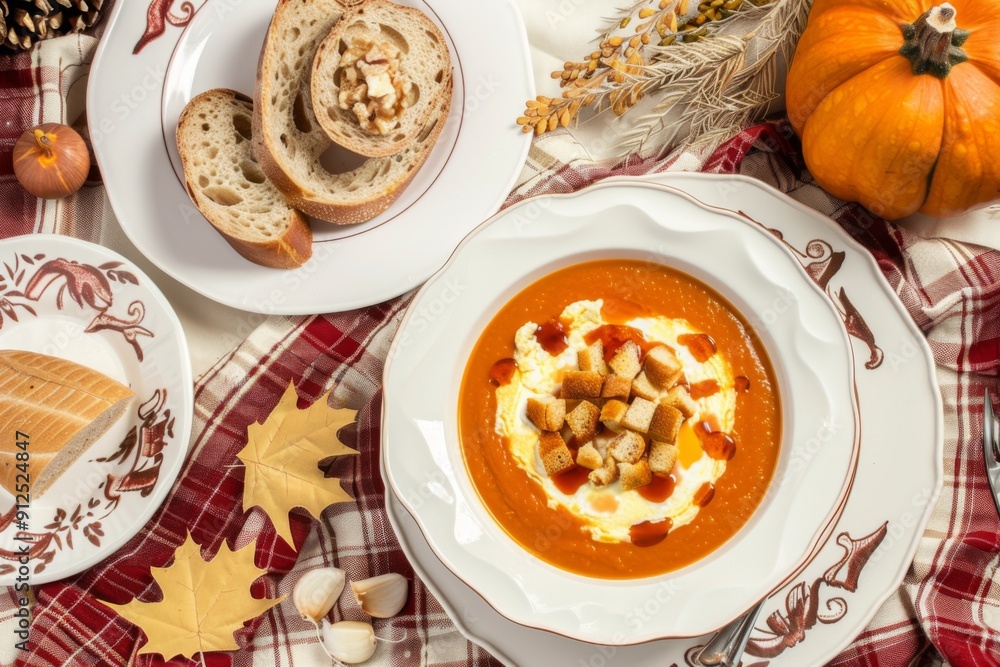 Cozy Autumnal Gathering Featuring Delicious Pumpkin Soup With Bread and Fall Decor Cozy Autumnal Gathering Featuring Delicious Pumpkin Soup With Bread and Fall Decor