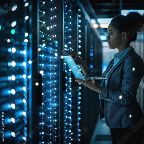 Woman Using Laptop in Data Center