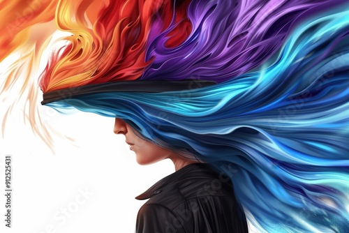 Colorful Abstract Portrait of Woman with Hat Featuring Purple, Orange, and Blue Waves