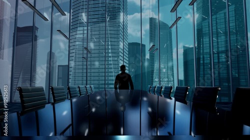 Flying autonomous vehicles. Businessman Working in Office among Skyscrapers. Hologram Concept