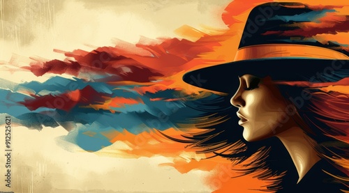 Abstract Portrait of Woman with Hat in Vibrant Colors of Purple, Orange, and Blue