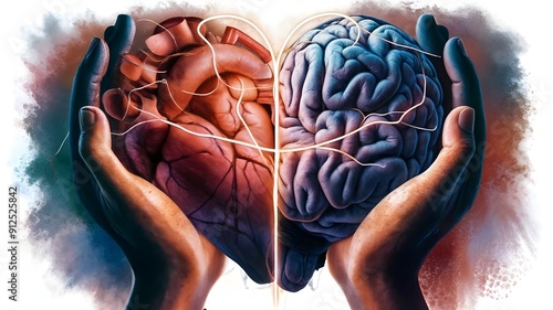 Brain and Heart on hands illustration, Mental health awareness care photo