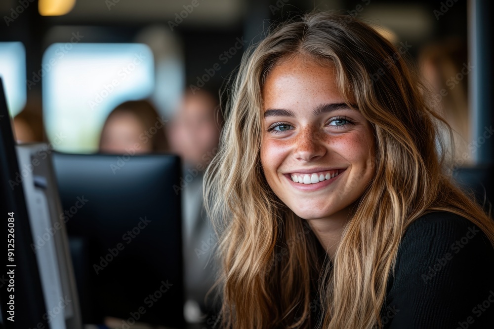 A young woman with long hair is smiling while sitting at her computer in an office environment, reflecting a positive and productive work atmosphere. A young woman with long hair is smiling while sitting at her computer in an office environment, reflecting a positive and productive work atmosphere.