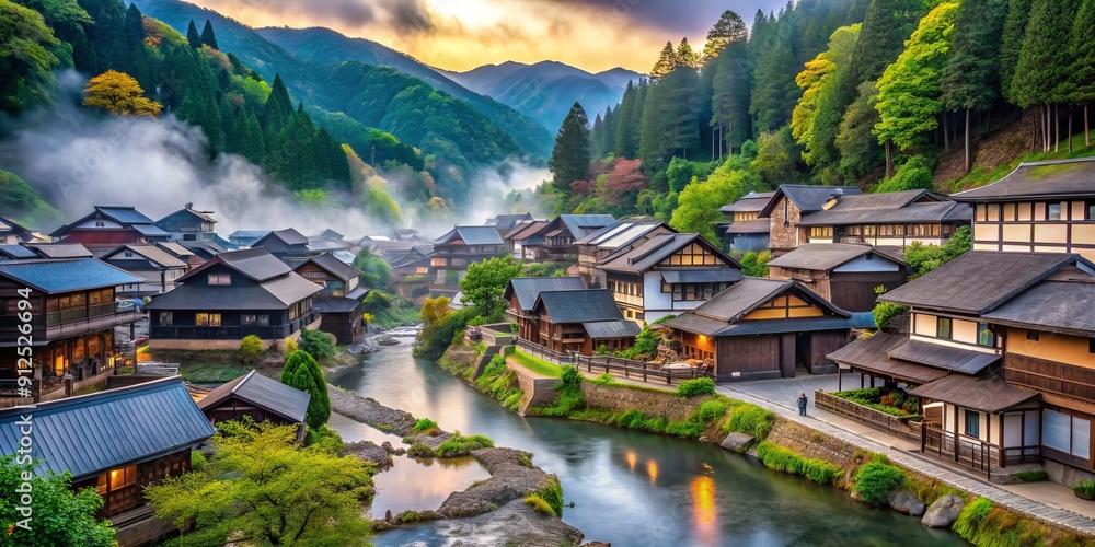 Naklejka premium Scenic traditional Japanese village nestled in mountains, featuring historic architecture, serene forests, and hot spring resorts, surrounded by lush greenery and misty atmosphere.