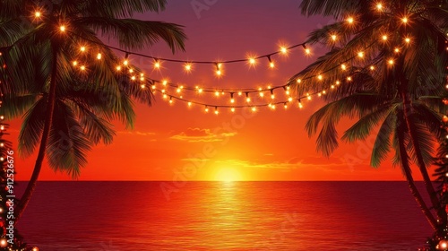 Tropical Sunset Backdrop with Palm Trees and String Lights