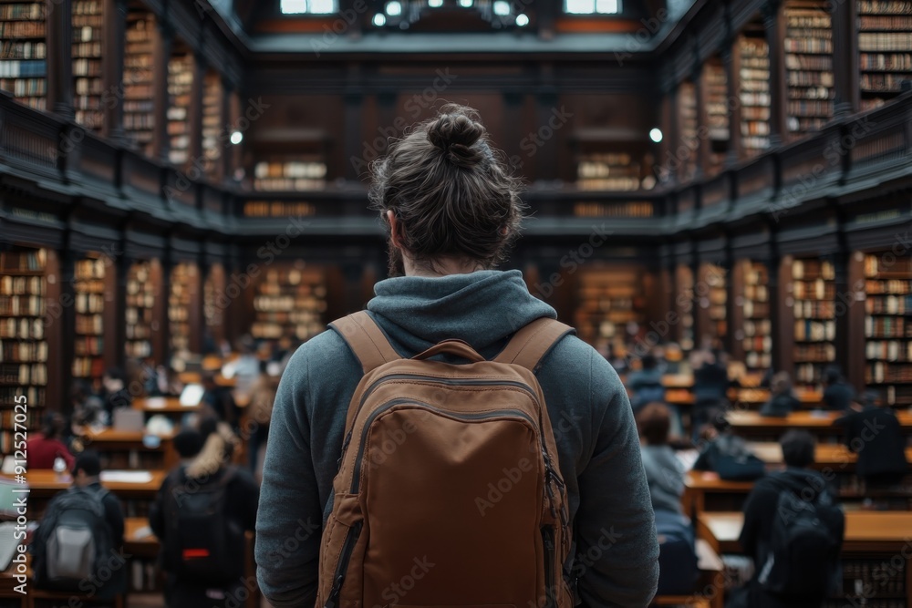 Naklejka premium A person with a backpack is seen inside a vast and elegant library, densely packed with wooden shelves full of books. Many people are seen studying at wooden tables.