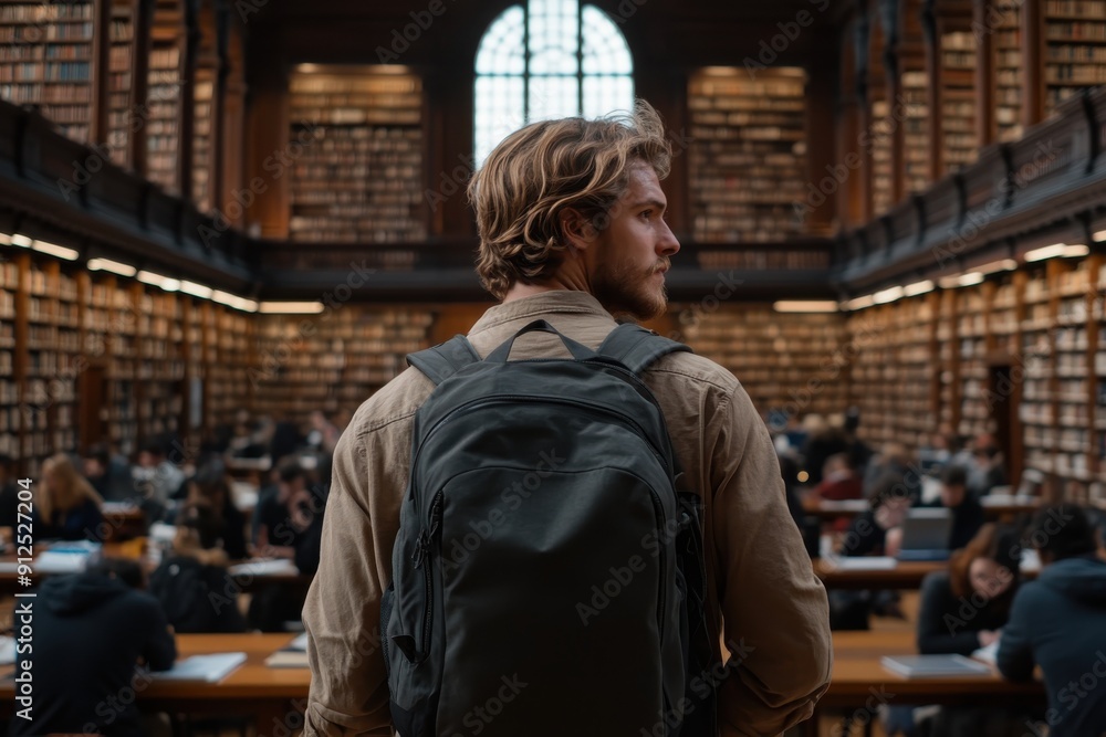 An individual with a dark backpack stands in a grand library, filled with numerous books, as others focus on their studies in this vast, historic, and serene environment. An individual with a dark backpack stands in a grand library, filled with numerous books, as others focus on their studies in this vast, historic, and serene environment.