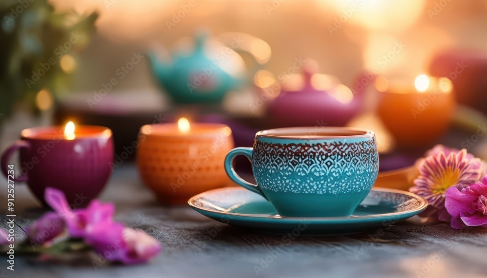 Fototapeta premium Tea time, vibrant colors, cozy setting, close-up, inviting