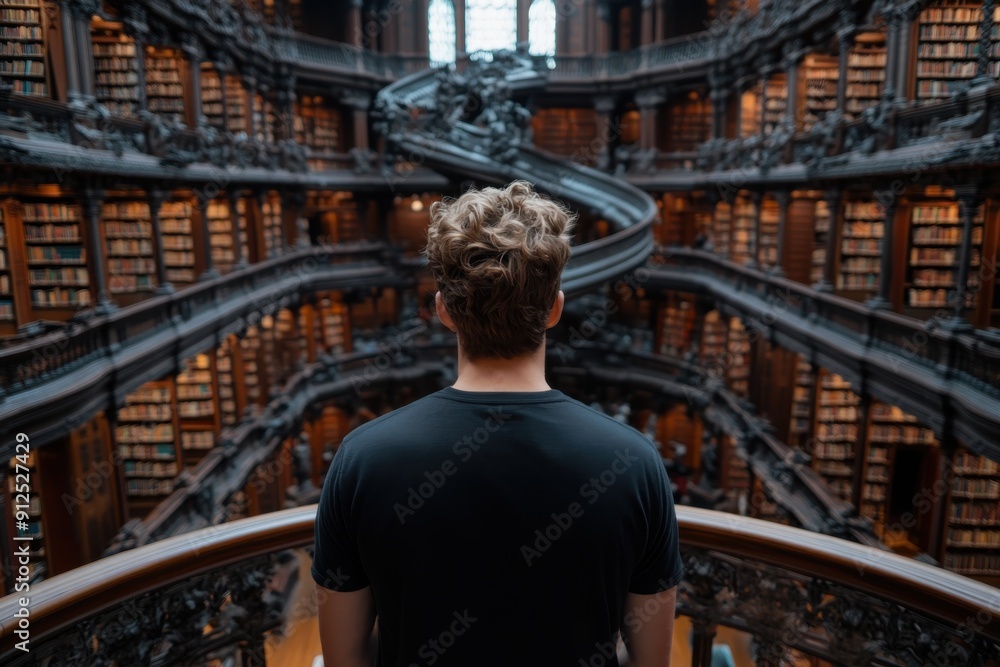 An intricately designed library captures the attention with its spiral staircase and towering bookshelves, as a person stands in awe at the breathtaking scene. An intricately designed library captures the attention with its spiral staircase and towering bookshelves, as a person stands in awe at the breathtaking scene.