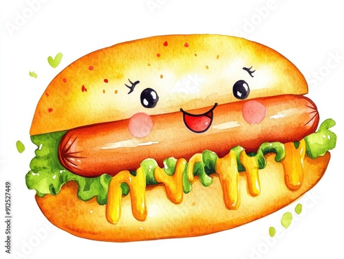 Playful and charming watercolor of a cute hotdog character with a cheerful expressive face isolated on a clean white background  This vibrant food icon or clipart design is perfect for use in menus photo