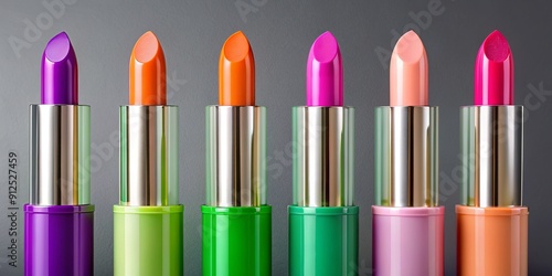 Vibrant multicolored concealers in orange, pink, purple, and green hues with varied stick shapes and sizes stand out against a clean gray isolated background. photo