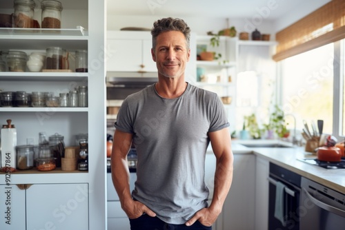 Portrait of a middle aged fit man standing in kitchen with vegetables