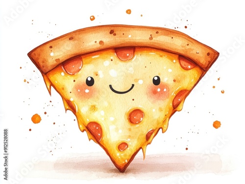 Adorable watercolor style of a smiling pizza slice character on a plain white background  This cheerful food icon or clipart design can be used for restaurant menus recipe books food packaging