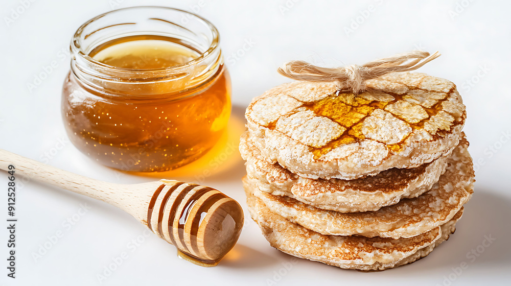 Stacked Pancakes with Drizzled Honey and Dipping Stick Stacked Pancakes with Drizzled Honey and Dipping Stick