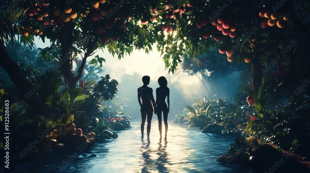 Adam and eve in the garden of eden. Stock Illustration | Adobe Stock