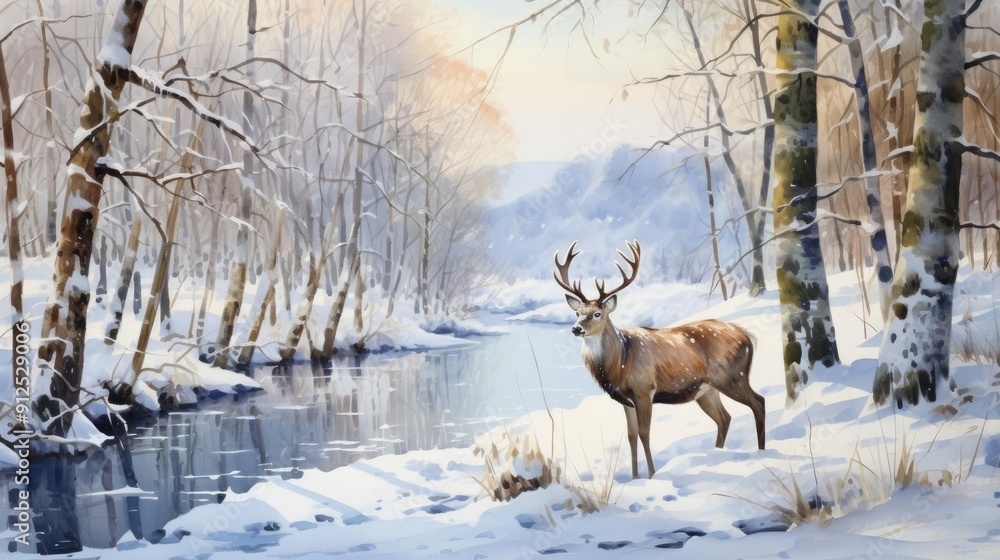 Deer by frozen stream, snow-laden forest, quiet winter morning, watercolor style Deer by frozen stream, snow-laden forest, quiet winter morning, watercolor style