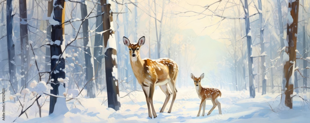 Doe and fawn, snow falling, enchanted winter forest, watercolor style Doe and fawn, snow falling, enchanted winter forest, watercolor style
