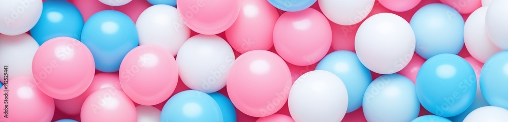 Festive pastel pink blue white balls pattern. Glossy 3d spheres backdrop. Baby shower, kids zone or children's playroom concept. Background for banner, poster, advertising. Top view, flat lay. Festive pastel pink blue white balls pattern. Glossy 3d spheres backdrop. Baby shower, kids zone or children's playroom concept. Background for banner, poster, advertising. Top view, flat lay.