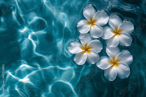 Plumeria flowers floating on a crystal blue pool, top view