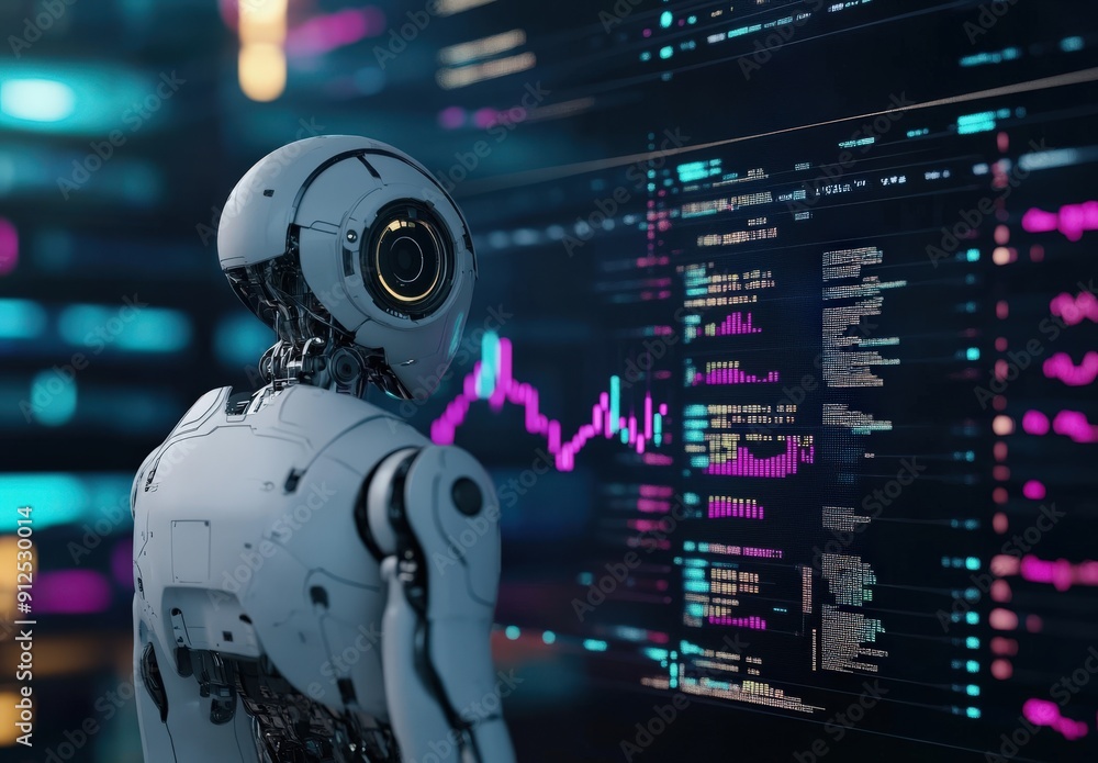 A white humanoid robot with a large round head is looking at a screen showing a financial chart, data, and graphs. A white humanoid robot with a large round head is looking at a screen showing a financial chart, data, and graphs.