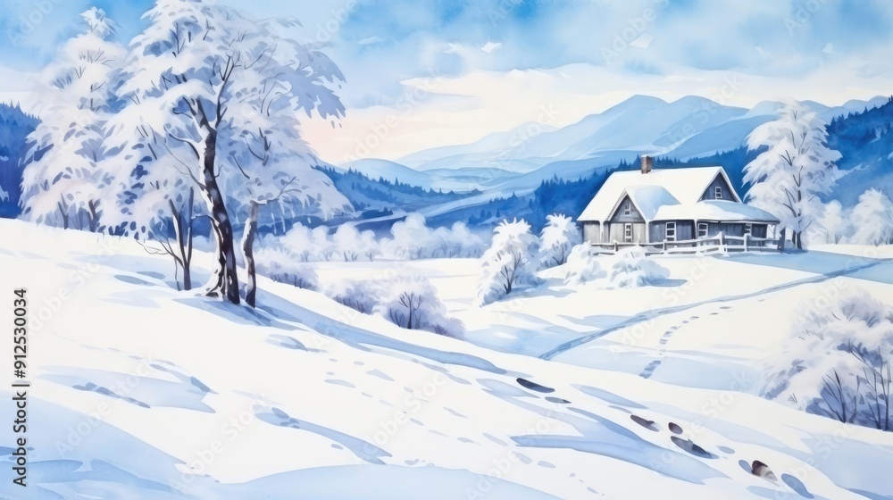 Obraz premium Lonely cabin, deep snow, quiet winter retreat, watercolor style