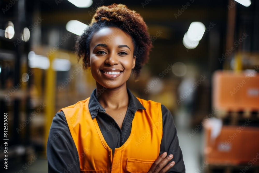 Portrait of a smiling young adult African American female warehouse worker Portrait of a smiling young adult African American female warehouse worker