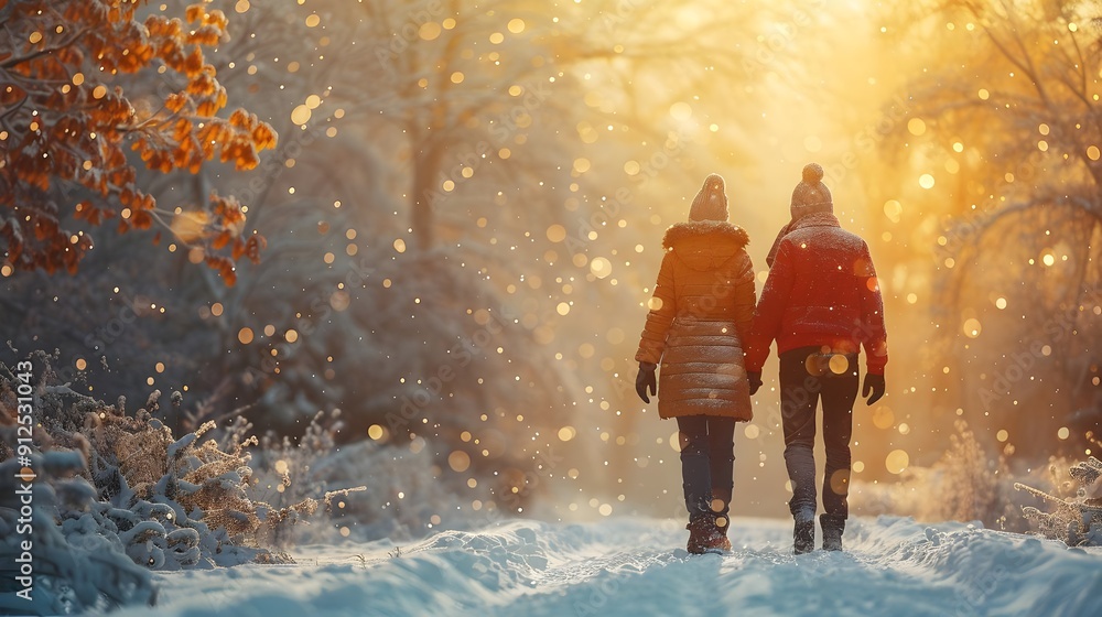 Fototapeta premium Two women walking in the snow, one wearing a red jacket
