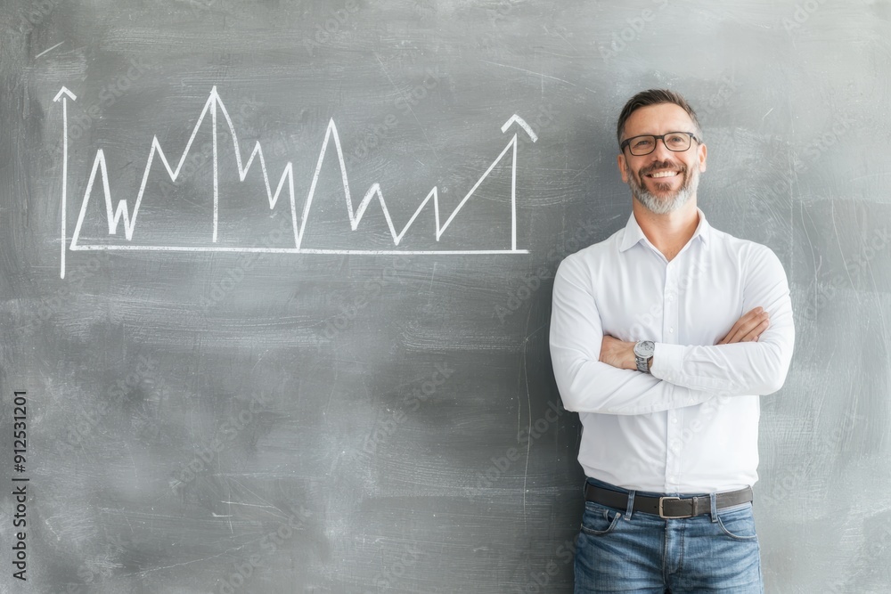 Confident CEO Presenting Growth Strategies with Graph on Chalkboard Confident CEO Presenting Growth Strategies with Graph on Chalkboard