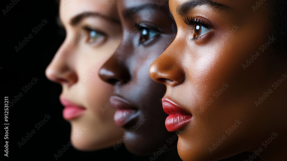 A striking image showcasing the diversity of beauty through the profiles of three women with different skin tones. A striking image showcasing the diversity of beauty through the profiles of three women with different skin tones.
