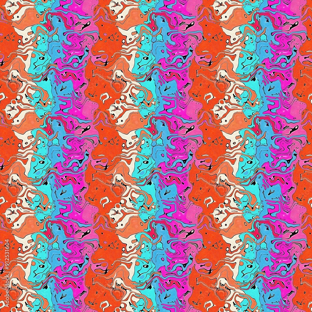 Fototapeta premium Hippie dripping marble paint effect digital pattern with whimsical ink splodge graphic design. Playful psychedelic festival summer party fun backdrop for wallpaper artwork in repeat cover