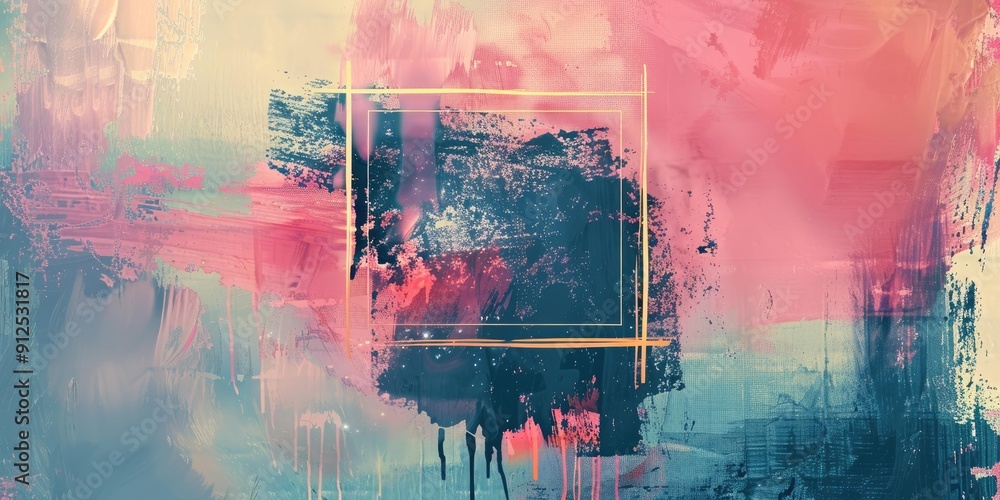 Obraz premium Abstract painting with pink, yellow, and blue.
