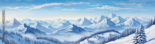 Wallpaper Mural Serene mountain range, snow-laden slopes, peaceful winter scene, watercolor style Torontodigital.ca