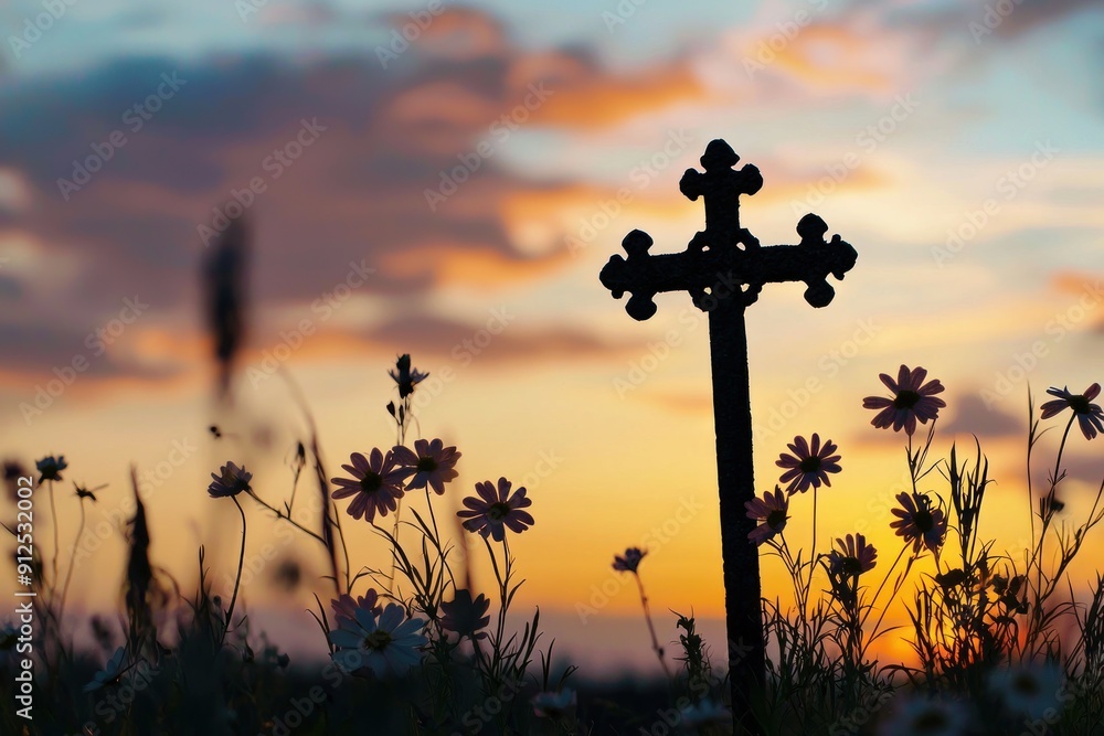 Silhouette Cross at Sunset with Flowers, Generative AI Silhouette Cross at Sunset with Flowers, Generative AI