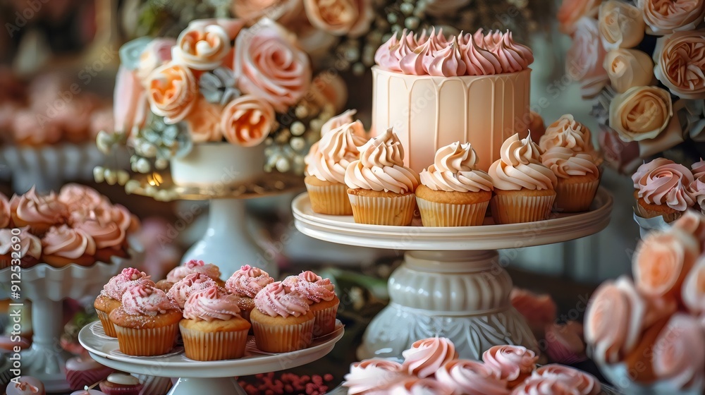 A table full of pink cupcakes and cakes with pink frosting A table full of pink cupcakes and cakes with pink frosting