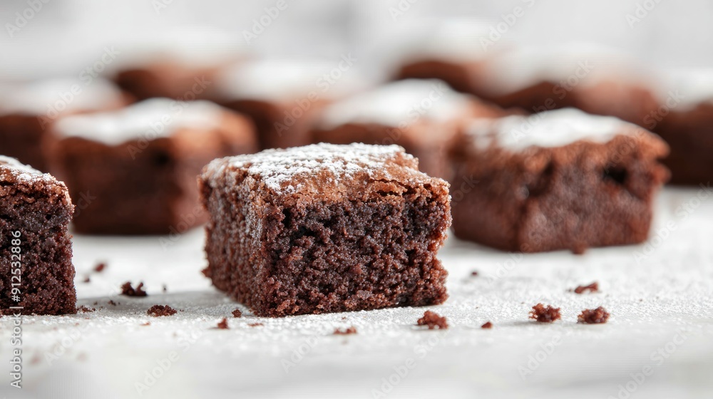 Close-up of a Chocolate Brownie Covered in Powdered Sugar Close-up of a Chocolate Brownie Covered in Powdered Sugar