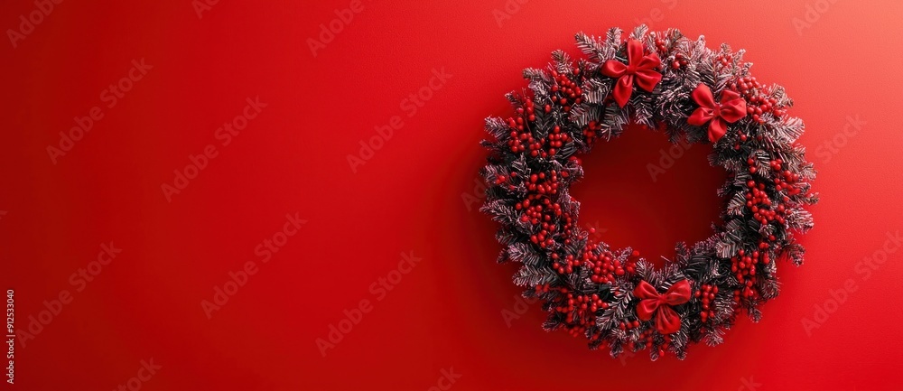 Christmas wreath decorated with red bows and pinecones on a red background Generative AI Christmas wreath decorated with red bows and pinecones on a red background Generative AI
