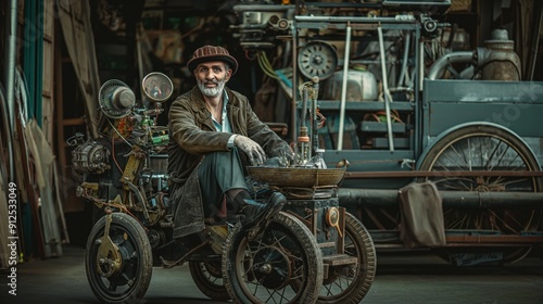 Evocative dieselpunk portrait of a street vendor, with a mobile cart and mechanical wares, capturing the entrepreneurial spirit and gritty charm of the dieselpunk world photo